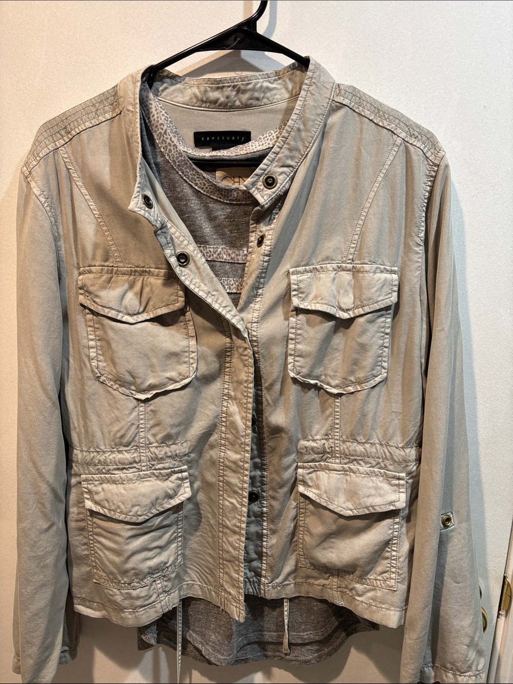 Sanctuary Beige Utility Jacket with Front Flap Pockets Chaser tank top included